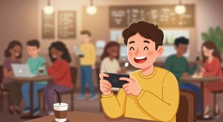 Joyful Man at Cafe Using Smartphone