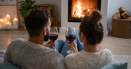 Couple relaxing fireplace red wine - Powered by Adobe