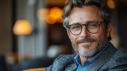 Fototapeta premium Smiling man in glasses at cafe with warm background lighting
