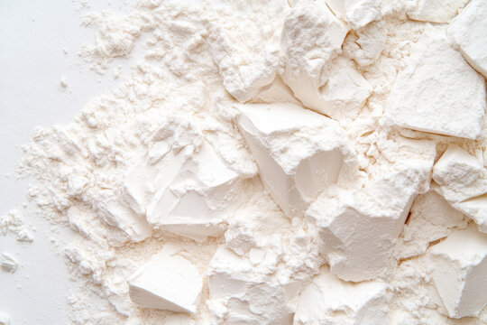 White powdered kaolin clay scattered and in chunks on a clean surface, used in skincare, cosmetics, and natural remedies