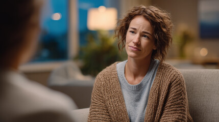 In a warm, modern therapy room with soft textures and neutral tones, the therapist leans forward with a compassionate expression, as a faint aura of light surrounds the client, sym