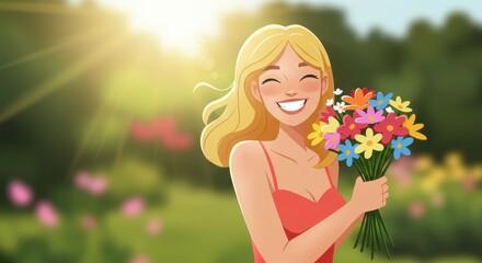 Happy Woman with Bouquet in Sunny Garden
