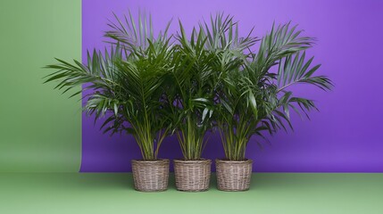 Three potted Kentia Palms on purple and green background