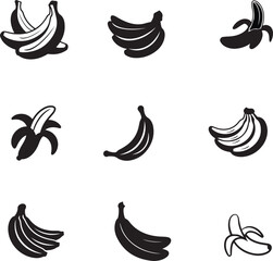 This set of nine simple, black and white banana icons displays various representations of bananas, from whole bunches to individual, peeled bananas on white