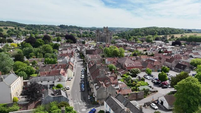 Wells, town Somerset UK houses and streets drone,aerial
