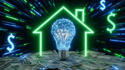 A bold pop-art-inspired composition with a vibrant green neon house frame and an oversized cartoon-style glowing bulb in the middle, bursting with energy rays and eco symbols in vi