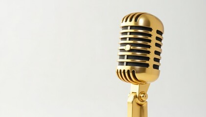 Fototapeta premium Close-up of a single gold microphone on white background, microphone, style