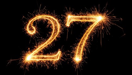 The number 27 is formed with bright sparklers against a black background, creating a festive and celebratory effect.