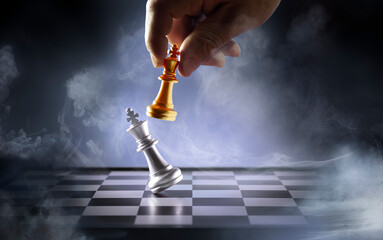 Chess King Beats And Win - Competition And Checkmate Concept - Successful Business Strategy - Abstract Smoke