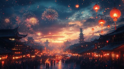 Festive Chinese town at twilight with fireworks and lanterns. Crowds fill the streets