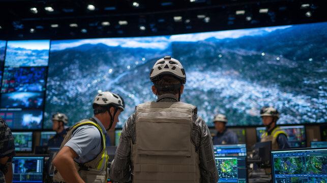 A dramatic wide-angle shot of a crisis response hub with large LED screens showing real-time weather and disaster maps, as rescue teams in helmets and vests huddle around a central
