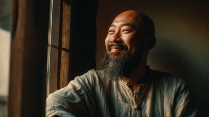 Obraz premium Serene Asian man with beard sits near window sunlight illuminates his face peaceful expression contemplative mood