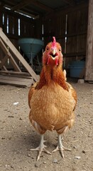 Fototapeta premium A Curious Chicken in a Rustic Barn Setting: A Close-Up Portrait of a Feathered Friend