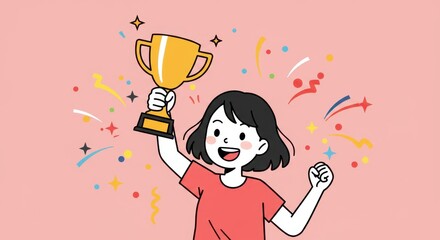 Happy Girl Holding a Golden Trophy, Celebrating Success