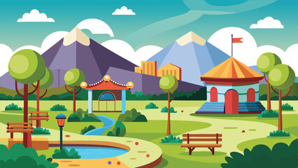 Peaceful Cartoon Landscape Park with Mountains, Benches, Trees, Pond and Buildings Illustration