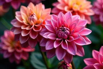 Fototapeta premium Intricate dahlia blooms, vibrant hues, close-up view, illustration, dahlia pattern, flower
