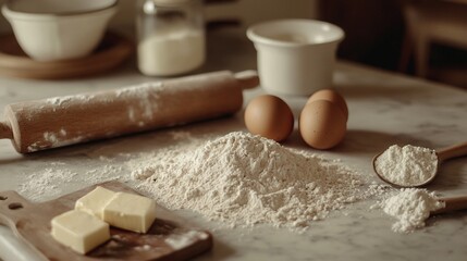 Fototapeta premium Baking ingredients flat lay with flour, eggs, butter, sugar, and rolling pin on a kitchen countertop, warm tones, inviting atmosphere
