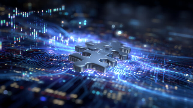 A cyberpunk-inspired visual of metallic puzzle pieces locking into place over a circuit-patterned digital surface, surrounded by flowing data lines and holographic code snippets