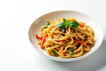 Stir-fried noodles with vegetables on white background, noodles, sauce, sesame