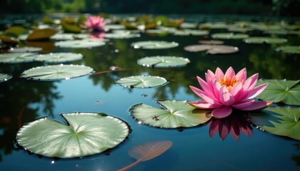 Vibrant water lilies creating floral pattern across lake, lake view, aquatic, botanical