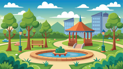 Charming Cartoon Park Scene Featuring Gazebo, Fountain, Trees, and City Skyline Backdrop