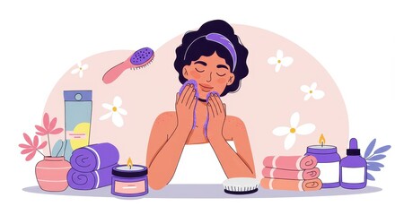 Woman enjoying a relaxing skincare routine at home, surrounded by candles, towels, and essential oils, promoting self-care and wellness