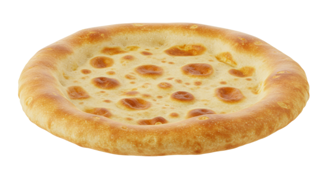 A golden bubbly flatbread on black