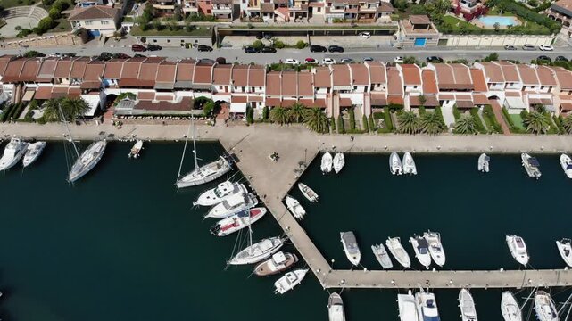 Marina of Porto Ottiolu in Budoni municipality in Sardinia island, Italy. Drone point of view.