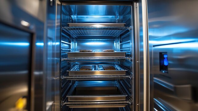 Blast chillers in industrial ovens rapidly cool hot food, preventing bacterial growth and preserving food safety.