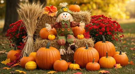 Autumn Harvest Scene: Scarecrow, Pumpkins, Hay Bales, and Chrysanthemums in a Rustic Fall Setting