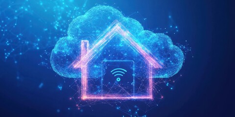 Smart Home: A futuristic digital artwork that illustrates a home connected to cloud computing technology with the use of a wifi signal, represents the future of secure home.