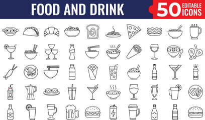 Food and Drink Line Icon Set – Restaurant-Themed Vector Collection with Meat, Fruits, Vegetables, Desserts, Beverages, Fast Food, and More – Editable Stroke Style