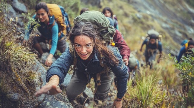 Group of intrepid hikers traversing rugged terrain, pursuing thrilling escapades