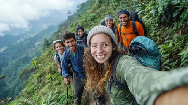 Group of Smiling Friends Capturing Memories on a Lush Mountain Hike Selfie