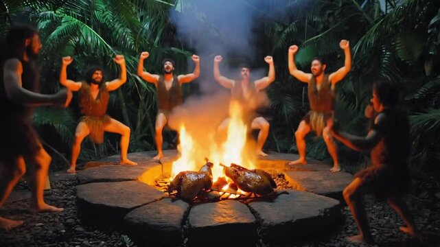 Juicy chicken sizzling stone flame primitive barbecue pit, cavemen in animal skins celebrating torchlight, prehistoric jungle. Smoke embers rise night sky. Cinematic, dramatic shadows