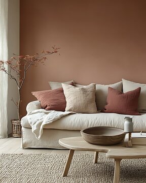 Terracotta blush wash wall behind a soft linen sofa with pale wood legs and pastel-toned cushions Blush-Toned Earthy Living Terracotta Soft-Feminine Interiors