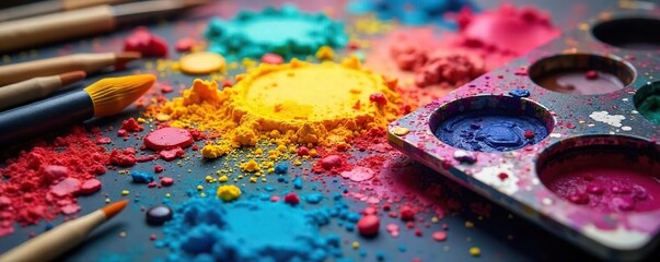 Obraz premium A vibrant paint palette overflowing with color, brushes scattered nearby, suggesting the fervent energy of artistic creation and passion , dedication, work