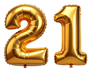 Shiny Number 21 Golden Foil Balloons Floating with Light Reflections, isolated on a transparent background