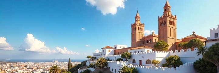 Modern Andalusian architecture, sun-drenched towers rising against a vibrant blue sky A stunning view of the intricate details and elegant design , construction, sunlight, texture
