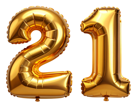 Shiny Number 21 Golden Foil Balloons Floating with Light Reflections, isolated on a transparent background