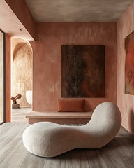 Terracotta blush wash wall under ambient indirect lighting in a contemporary warm room Blush-Toned Earthy Living Terracotta Soft-Feminine Interiors