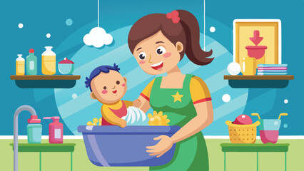 Mother giving a baby bath in a blue tub full of bubbles and toys