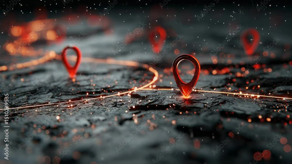 Poster illuminated location pin icons on a textured surface, connected by glowing lines, creating a network