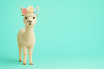 "Ivory Alpaca with Flower Crown on Pink Background | 8K Minimalist Portrait for Children's Branding"