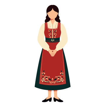 Illustration of a Woman Wearing a Traditional Norwegian Folk Costume, the Bunad, Standing with Hands Clasped