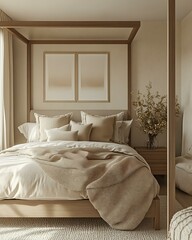 Champagne Pearl Gradient Wallpaper paired with a modern canopy bed and satin bedding in neutral tones Soft Glamorous Minimalism Pearlescent Calm Interior Walls