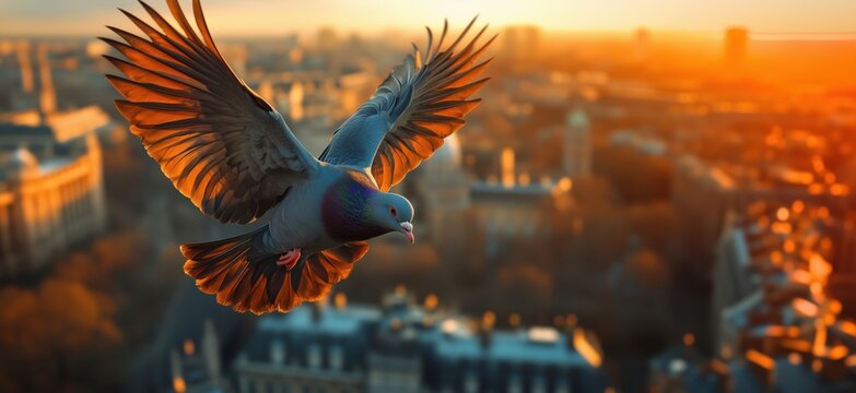Pigeon in flight over cityscape during sunset with vibrant colors and detailed feathers