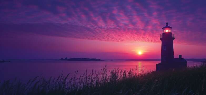Stunning sunset over lighthouse with vibrant purple sky and calm waters