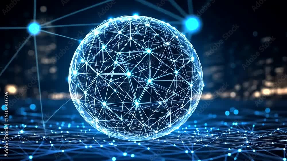 Wall mural digital network sphere with glowing nodes