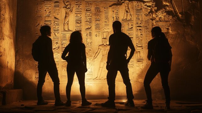 Adventurers in a dimly lit ancient tomb, deciphering the secrets of hieroglyphs